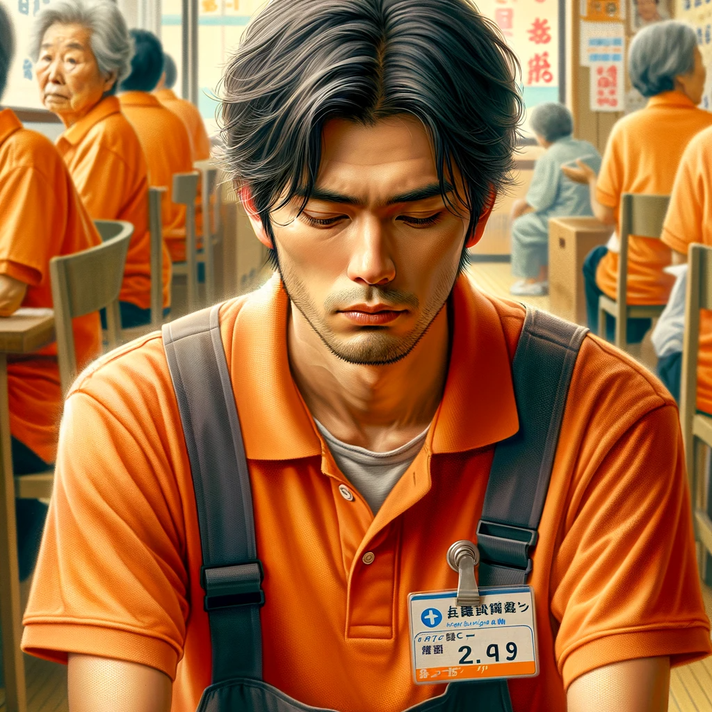 日本の介護業界における高い離職率をリアルに表現しています。描かれているのは、オレンジ色のポロシャツを着た日本の介護職員で、彼らが仕事の要求の高さによって離職を考えている瞬間を象徴しています。介護職員は疲れた表情と思慮深い様子をしており、業界で直面しているストレスと課題を反映しています。背景には、典型的な日本の介護環境が含まれており、多大な業務負担と仕事の感情的な重圧が示されています。